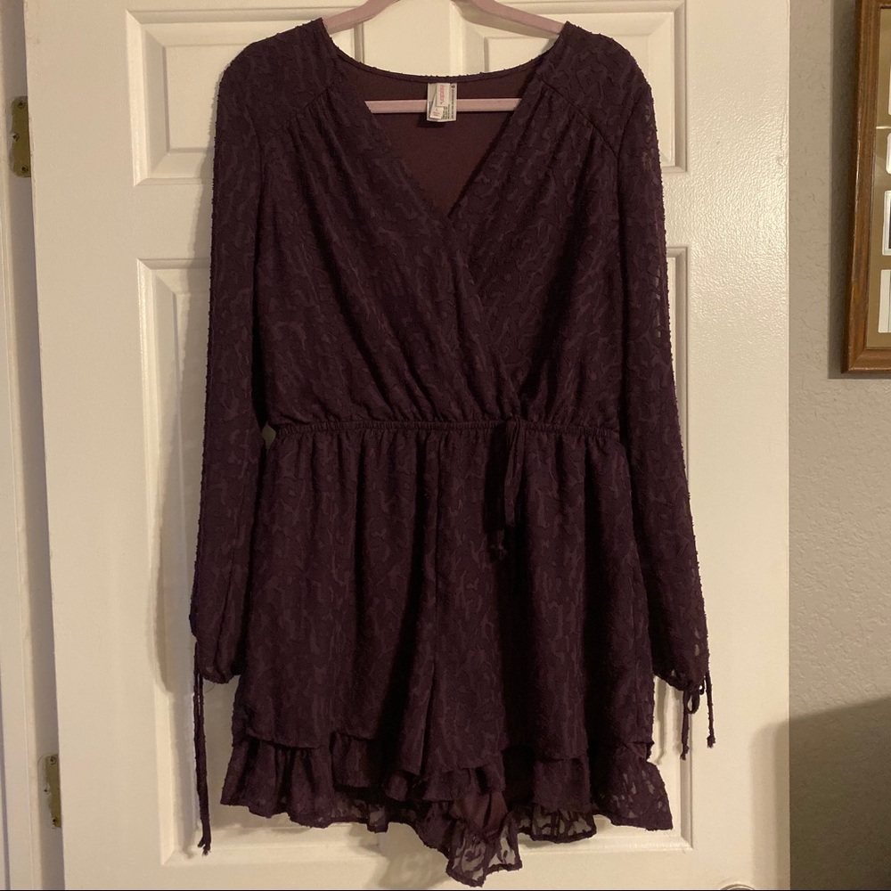 Dark Plum Purple Sheer Sleeve Ruffles Short Romper
